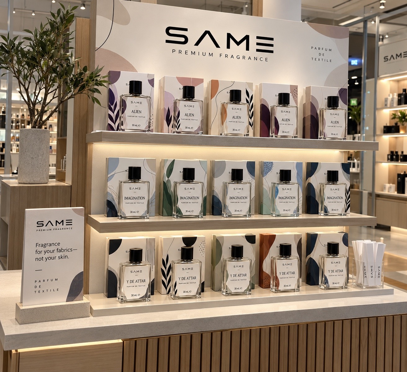 SAME retail display featuring the textile fragrance collection
